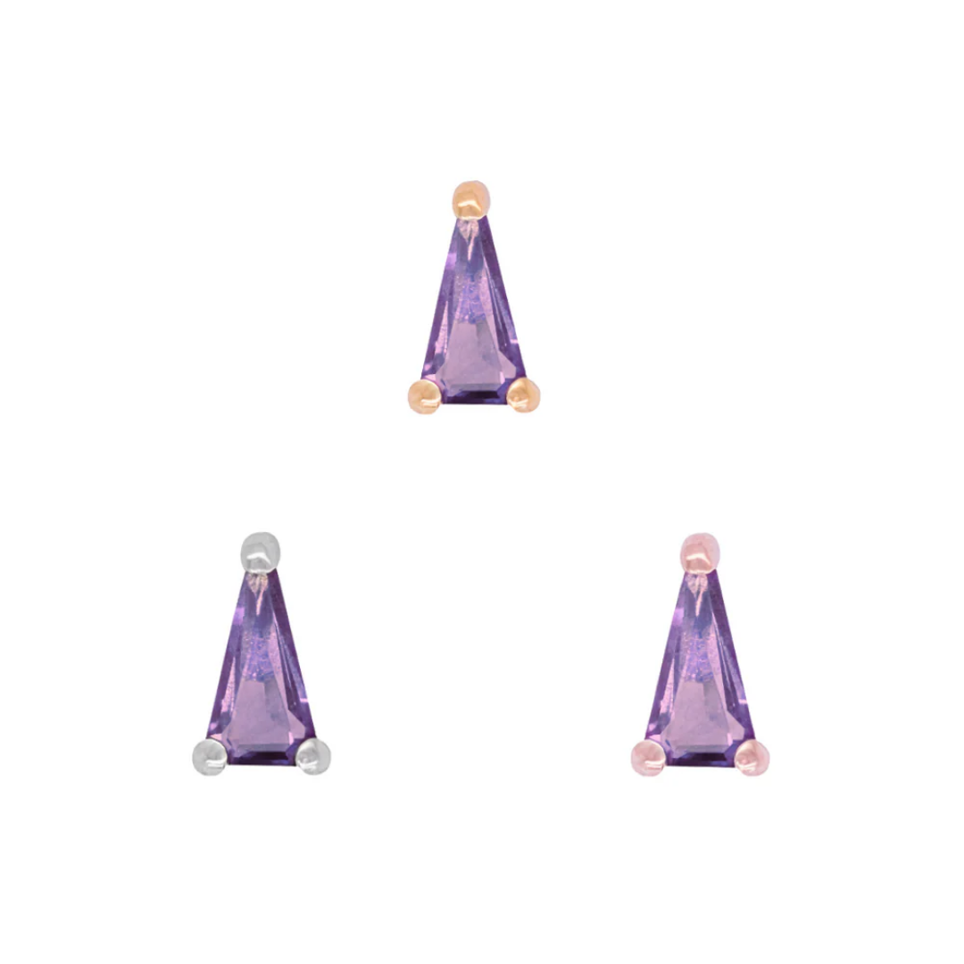 Triangle-cut amethyst threadless end in yellow, white, and rose gold prong settings.