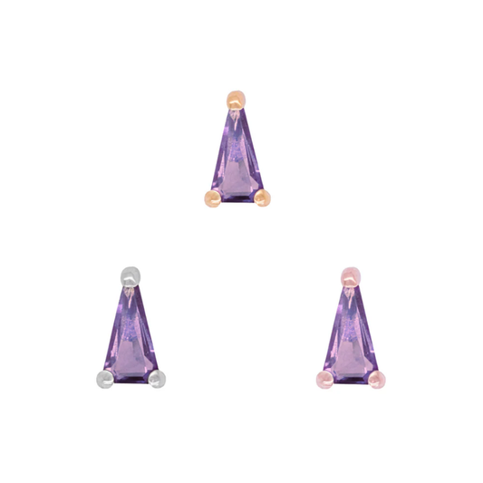 Triangle-cut amethyst threadless end in yellow, white, and rose gold prong settings.