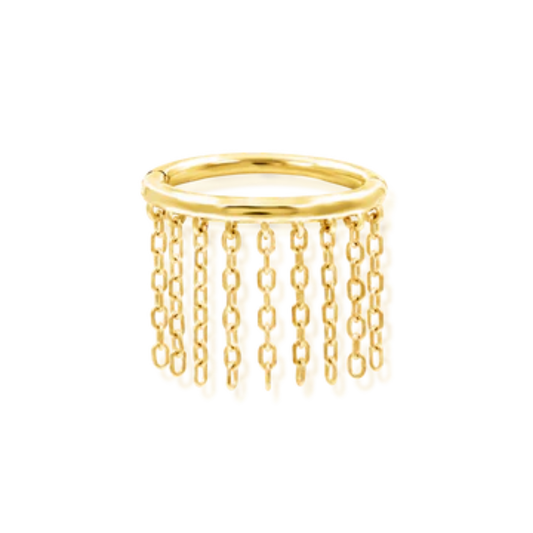 14k solid gold clicker ring with cascading chain fringe, designed for septum or daith piercings