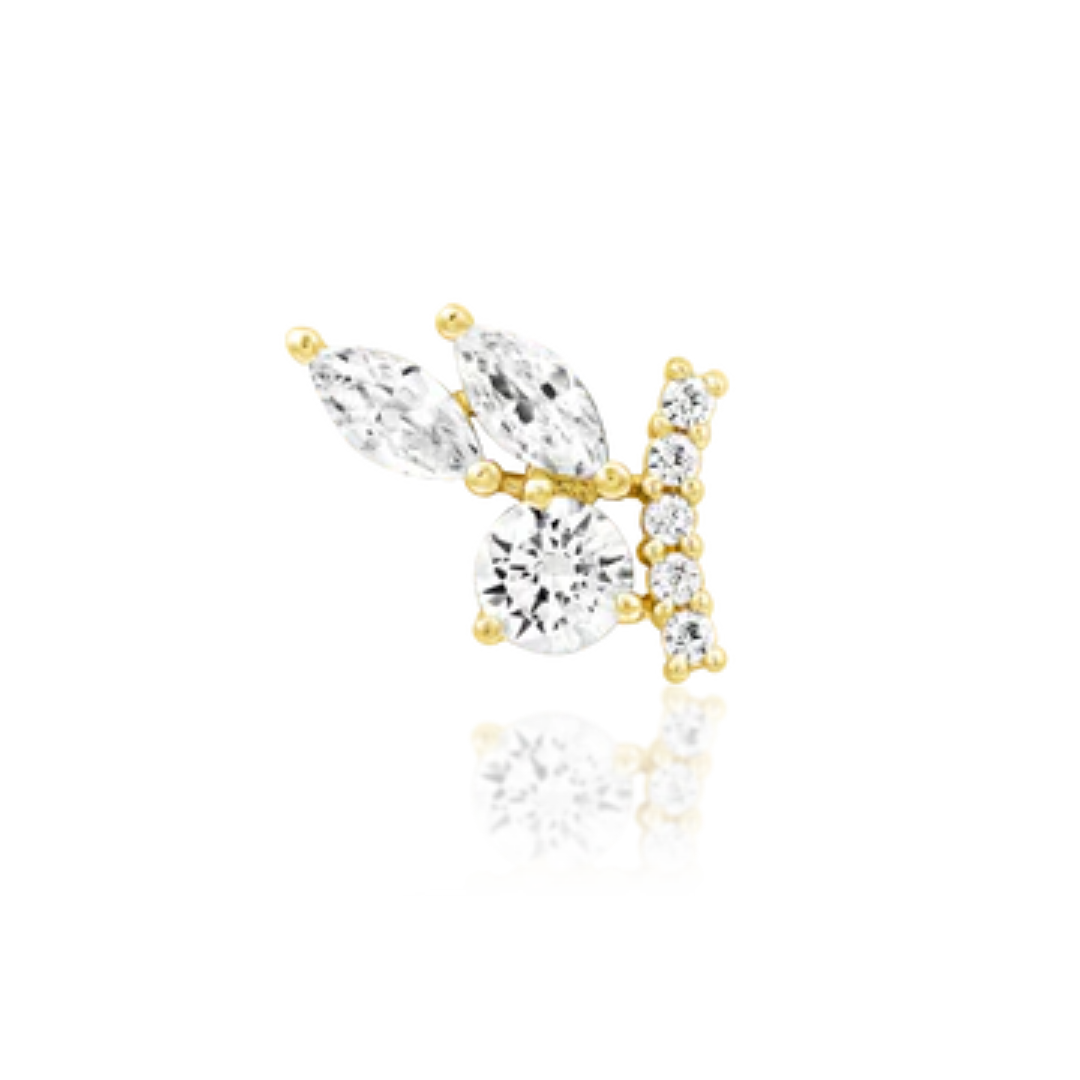 14k gold piercing stud with marquise and round cubic zirconia stones