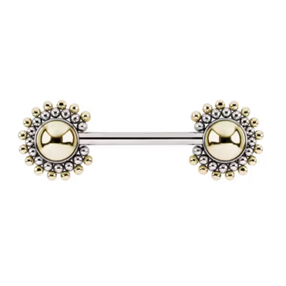 Sünn side-set nipple bar featuring gold domes and radiant beaded halos in silver and gold, luxury body jewellery