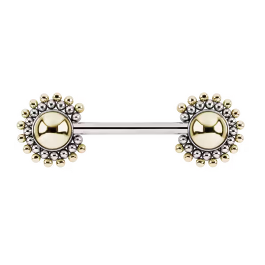 Sünn side-set nipple bar featuring gold domes and radiant beaded halos in silver and gold, luxury body jewellery