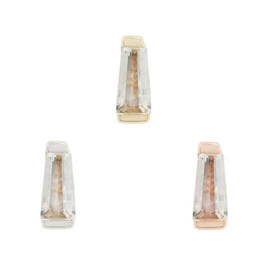 Gold threadless end featuring a tapered baguette-cut clear CZ set in a sleek bezel setting