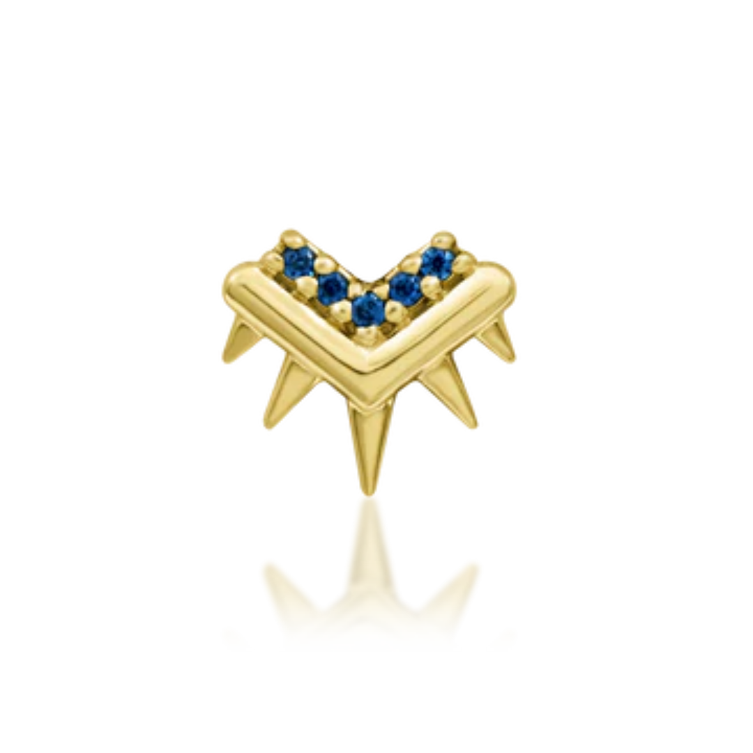 14k yellow gold piercing stud with bold geometric spikes and vibrant deep blue gemstones, ideal for cartilage or helix piercings
