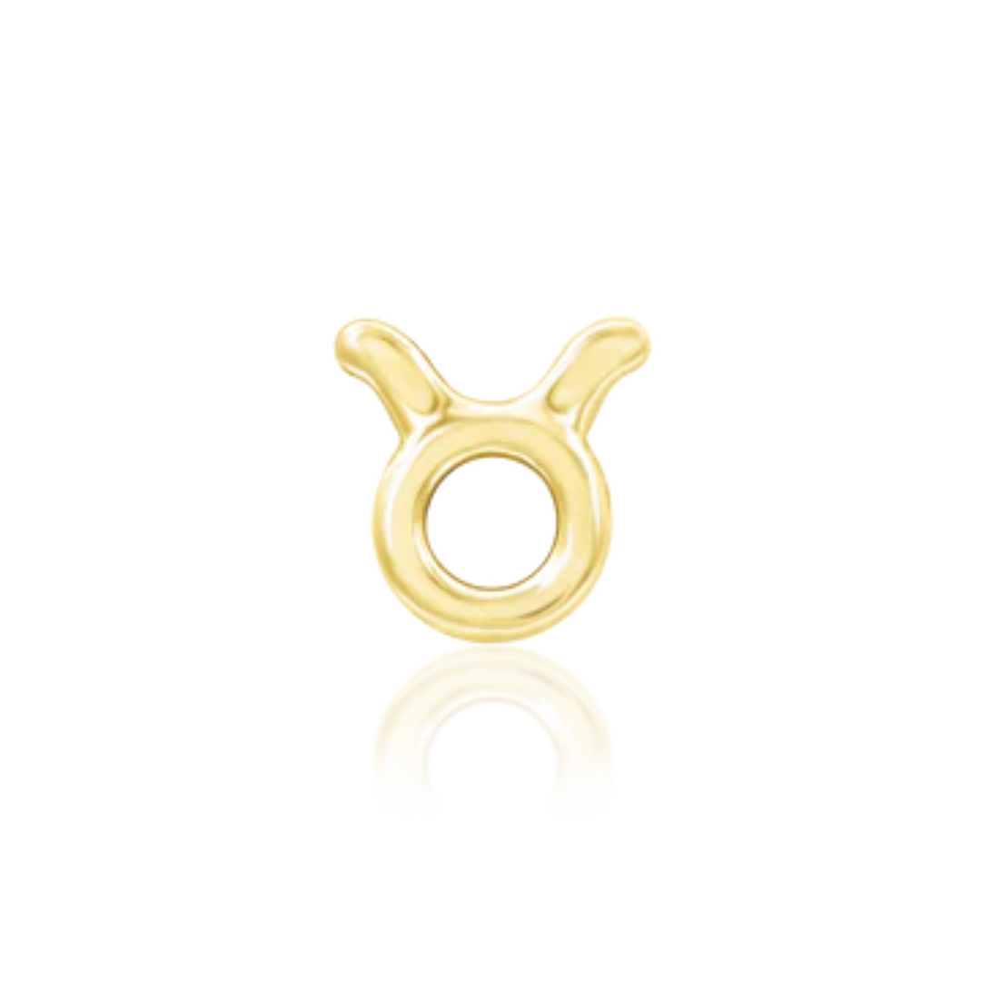 14k gold Taurus zodiac symbol piercing jewellery, polished round design with upward curved horn details, minimalist astrology stud