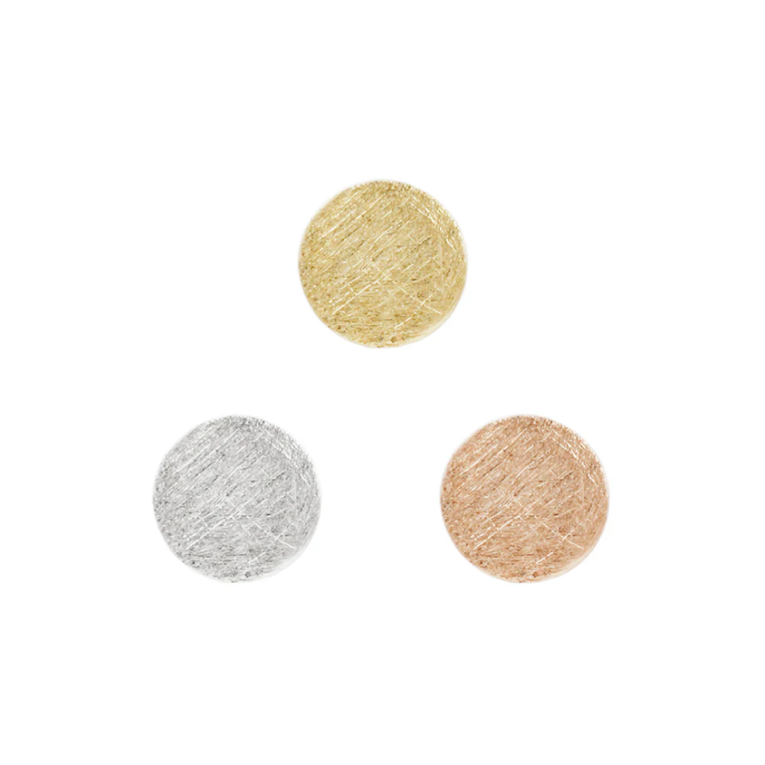 Gold threadless end featuring a circular disk with a brushed, textured finish.