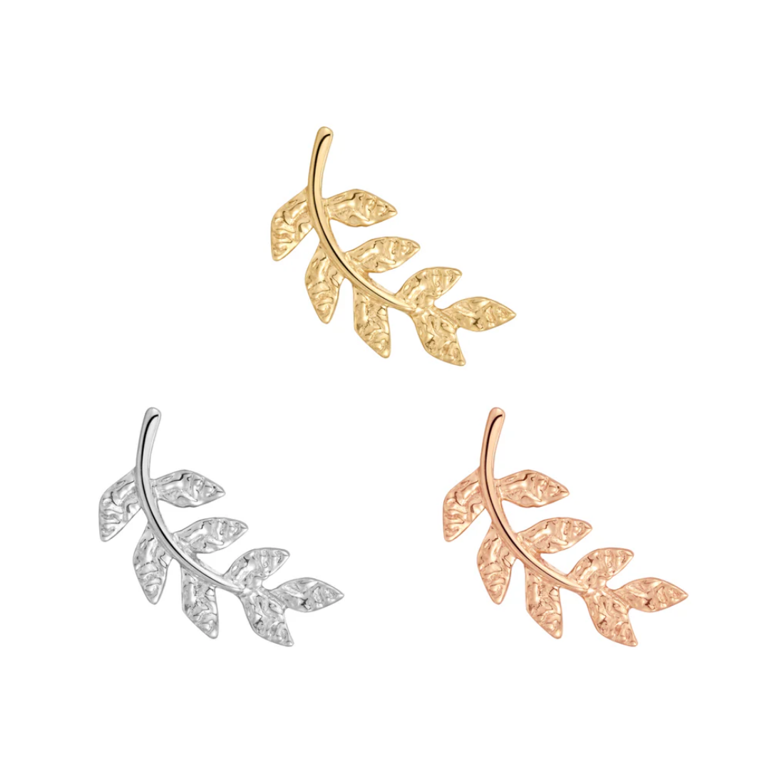 Gold threadless end shaped like a delicate, textured botanical leaf branch