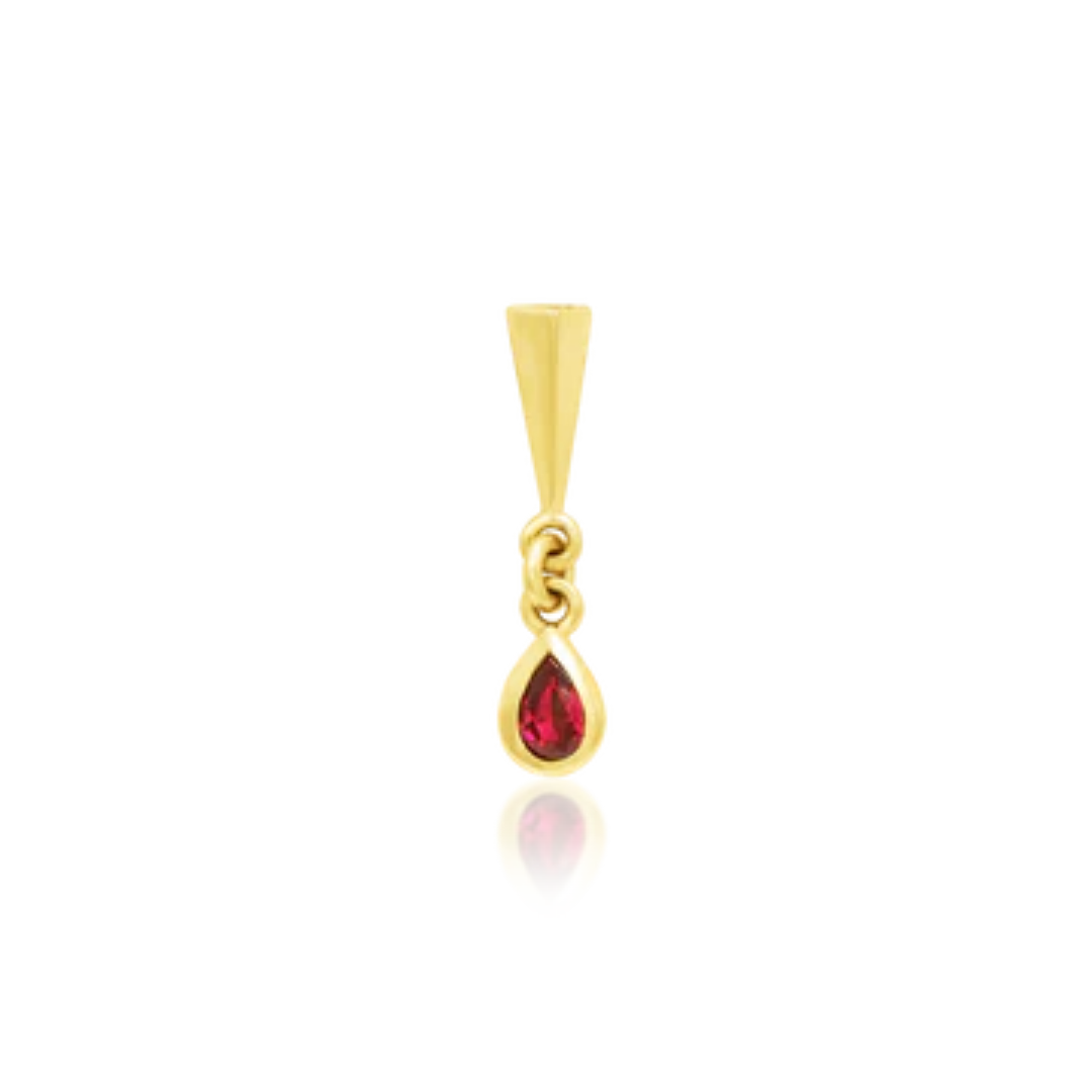 14k gold piercing charm featuring a sleek tapered gold bar and a dangling pear-shaped red cubic zirconia gemstone