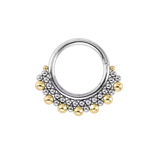Luxury titanium clicker ring for septum or daith piercings, featuring layered rows of polished silver-toned beads with larger gold accents for a striking and elegant finish.