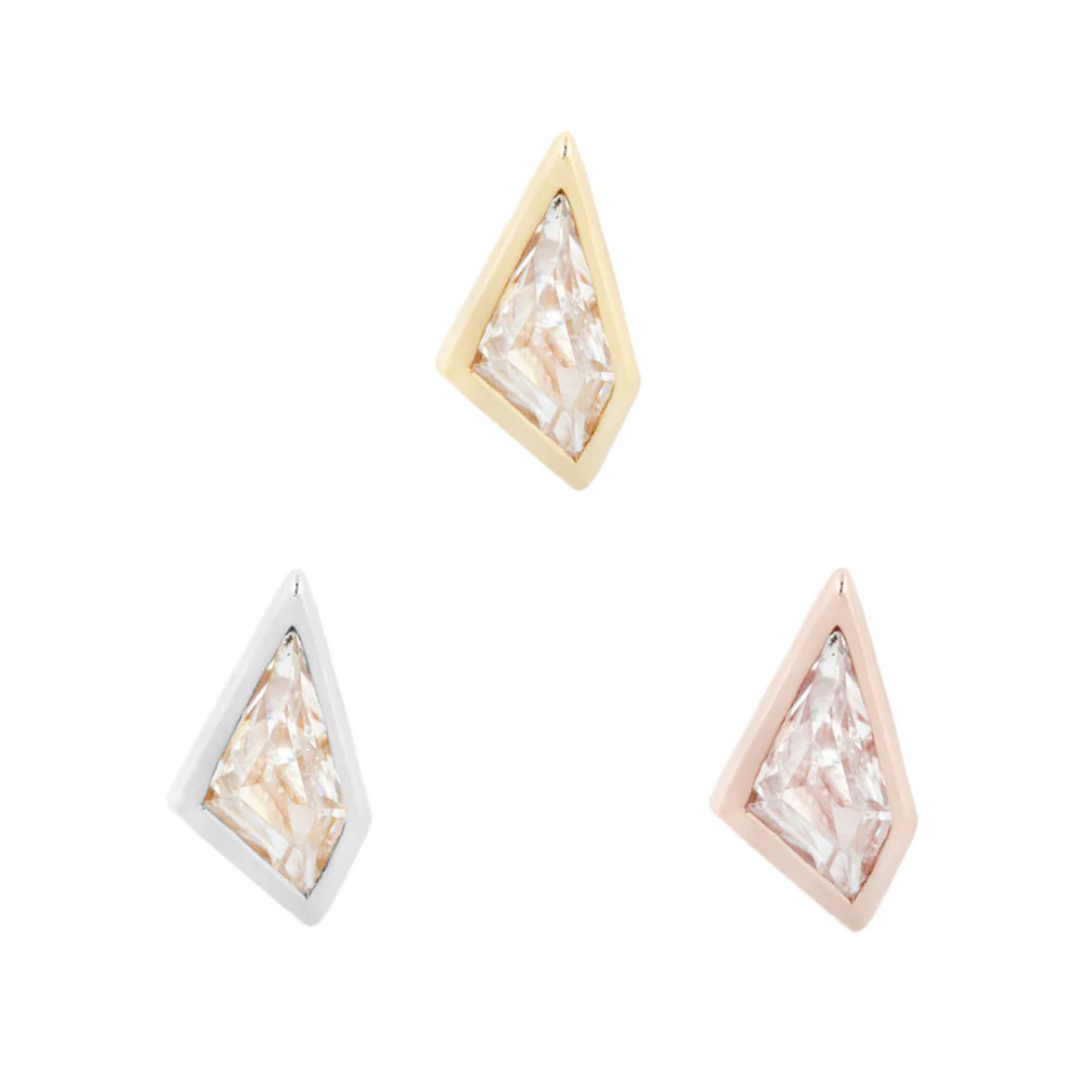 Gold threadless end featuring a geometric kite-shaped cubic zirconia in a sleek bezel setting.