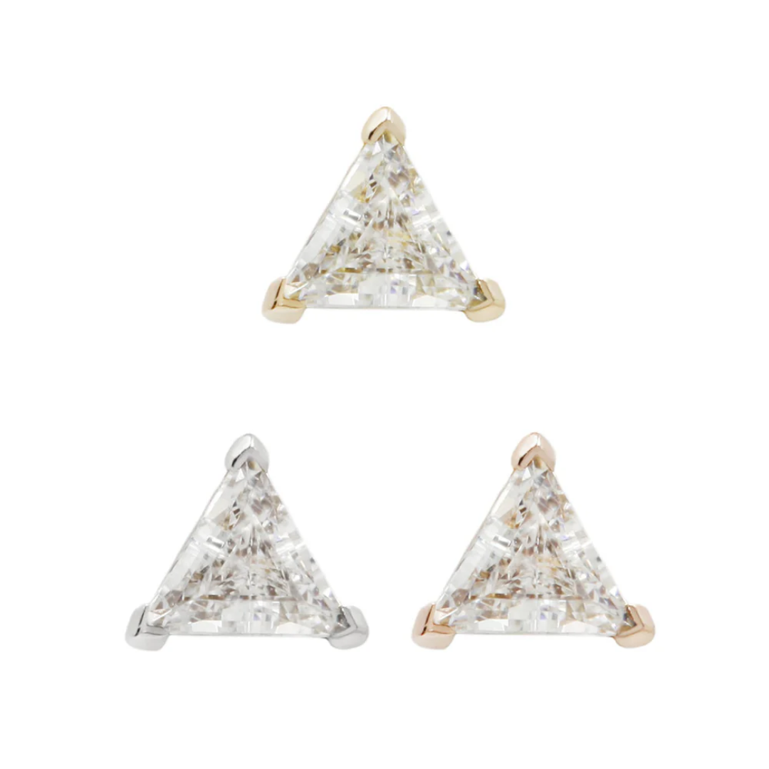 Gold threadless end featuring a trillion-cut clear cubic zirconia in a three-prong setting