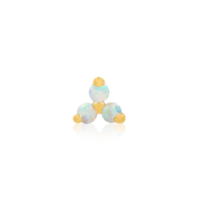 14k gold piercing jewellery featuring three round iridescent opal stones set in a triangular formation with gold prong accents