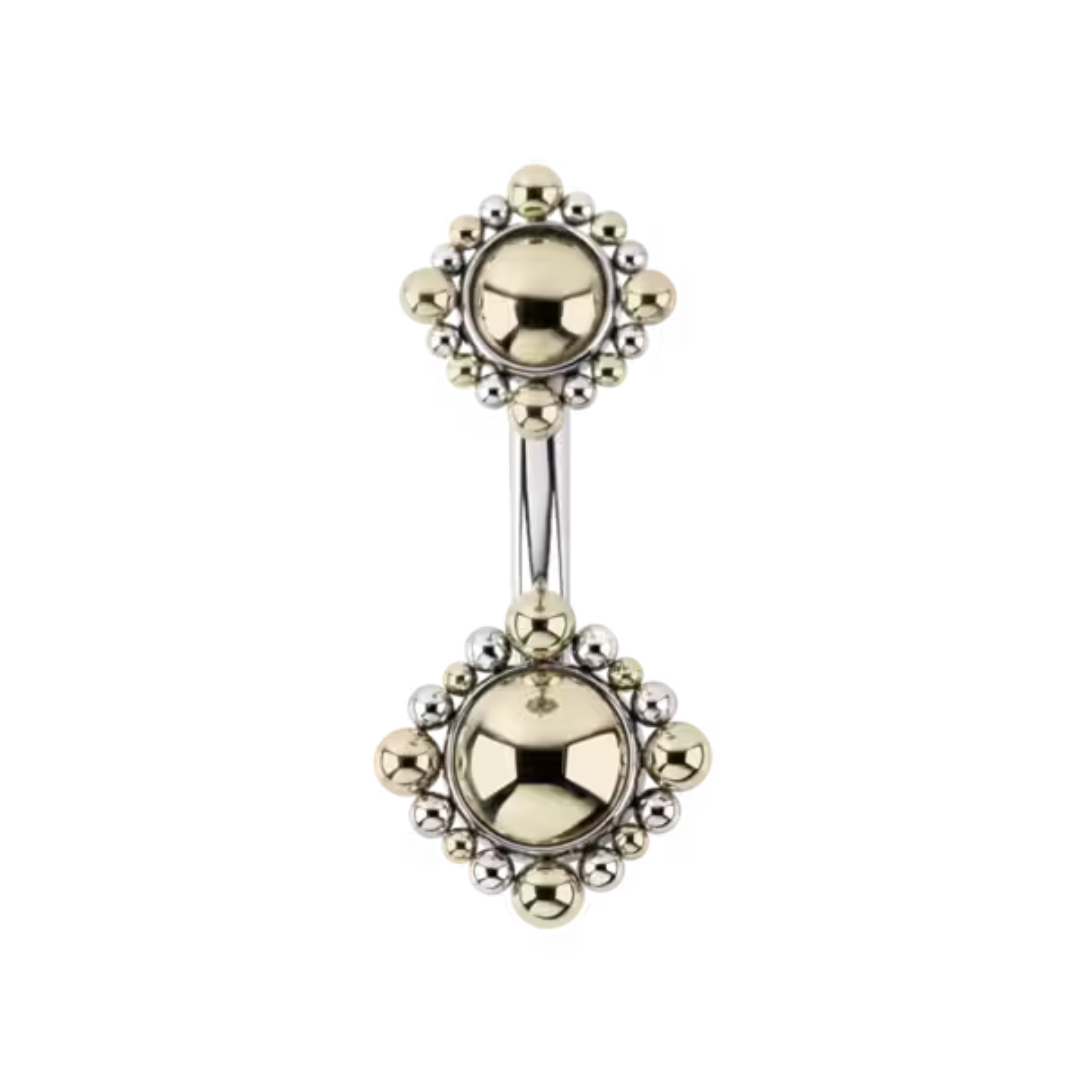 Le Roi Jewelry Valentia navel bar with ornate gold and titanium beading in a diamond layout