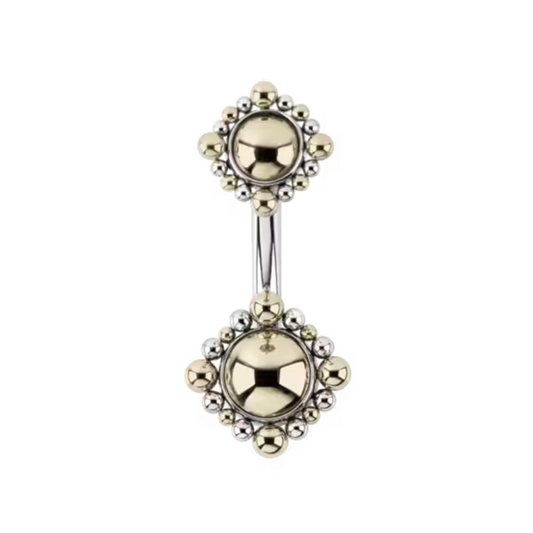 Le Roi Jewelry Valentia navel bar with ornate gold and titanium beading in a diamond layout