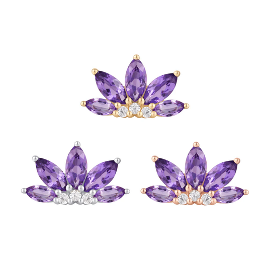 Gold threadless end featuring marquise-cut amethyst and CZ stones in a floral fan design