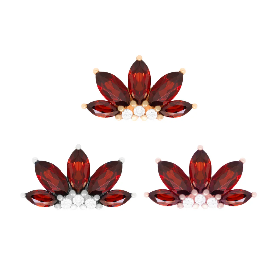 Gold threadless end featuring marquise-cut garnet stones with three small clear crystals, forming a radiant floral fan design