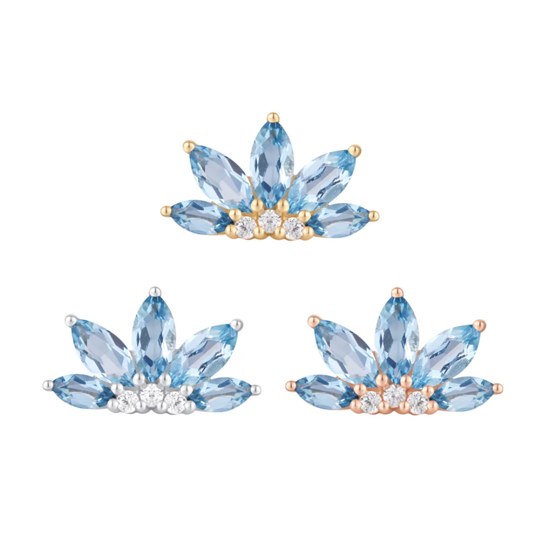 Gold threadless end adorned with marquise-cut London blue topaz and three brilliant CZ crystals in a floral fan arrangement.