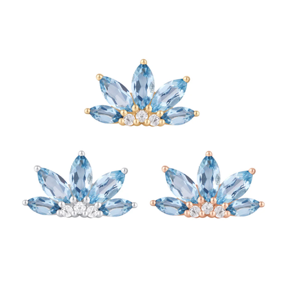 Gold threadless end adorned with marquise-cut London blue topaz and three brilliant CZ crystals in a floral fan arrangement.