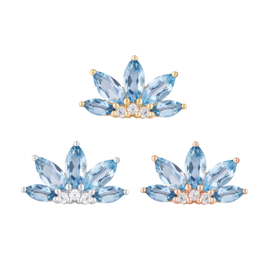 Gold threadless end adorned with marquise-cut London blue topaz and three brilliant CZ crystals in a floral fan arrangement.
