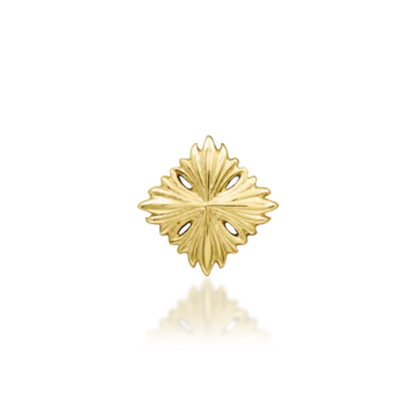 14k yellow gold decorative piercing end with an ornate, leaf-inspired diamond shape and delicate cut-out details