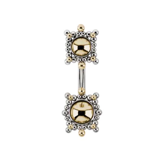 Le Roi Jewelry Vintage navel bar with gold centre and ornate titanium beading in a regal square design