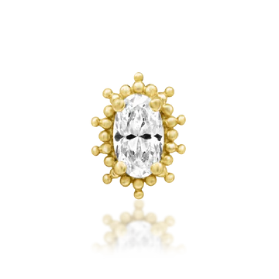 14k yellow gold piercing end featuring an oval-cut CZ centre stone surrounded by a delicate halo of gold bead detailing