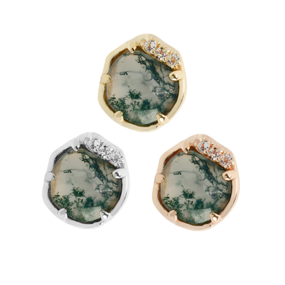 Gold threadless end with a round moss agate centrepiece, accented by white cubic zirconia and an organic bezel setting.
