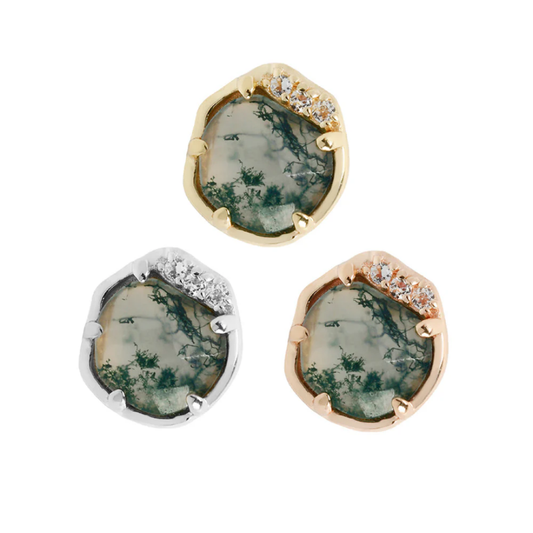 Gold threadless end with a round moss agate centrepiece, accented by white cubic zirconia and an organic bezel setting.