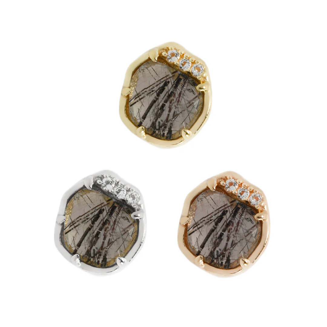 Gold threadless end featuring an organic bezel-set round tourmalated quartz stone with black needle inclusions, accented by sparkling CZ
