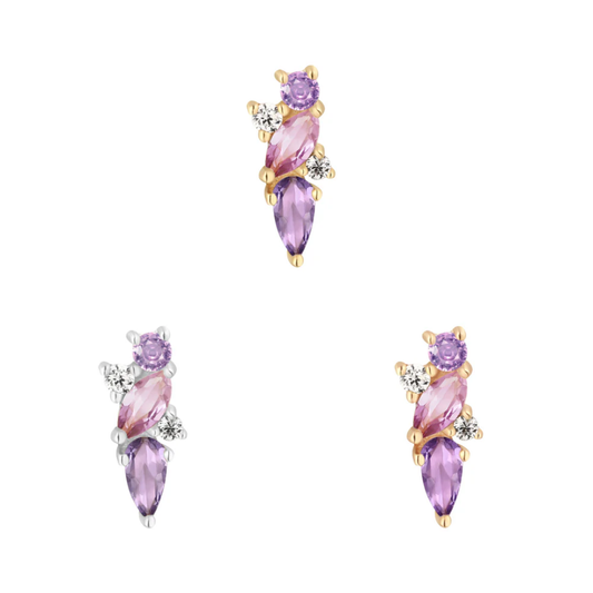 Gold threadless end featuring a trio of amethyst, pink sapphire, and CZ stones in marquise and round cuts for a cascading, elegant design