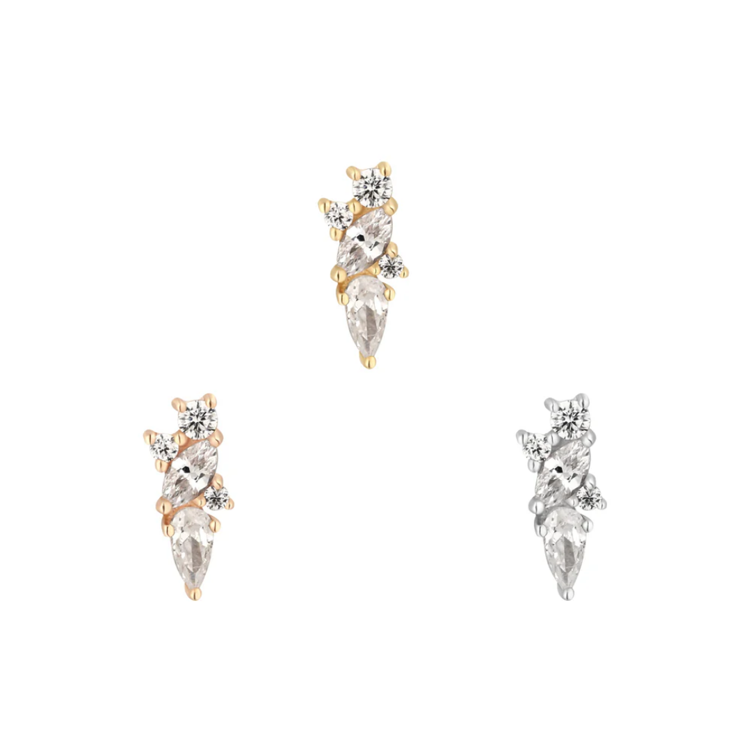 Gold threadless end with a cascading cluster of cubic zirconia stones in marquise, pear, and round cuts for a refined sparkle