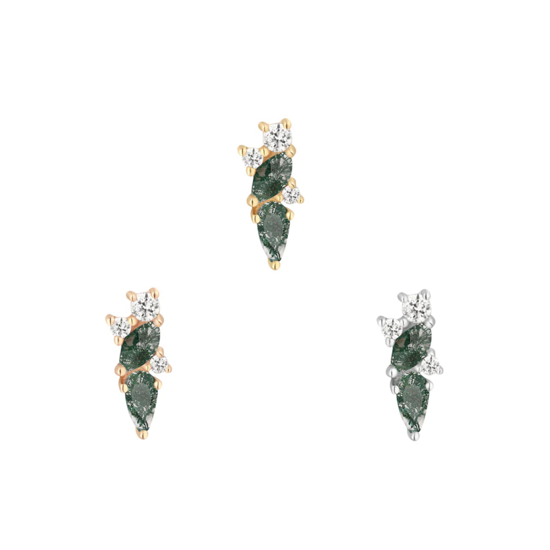 Gold threadless end featuring a delicate cascade of moss agate and cubic zirconia stones in mixed cuts, offering a botanical-inspired elegance