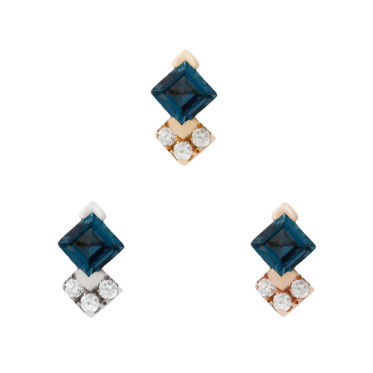 Gold threadless end featuring a geometric London Blue Topaz with three sparkling CZ stones, creating a bold, modern statement for your ear curation