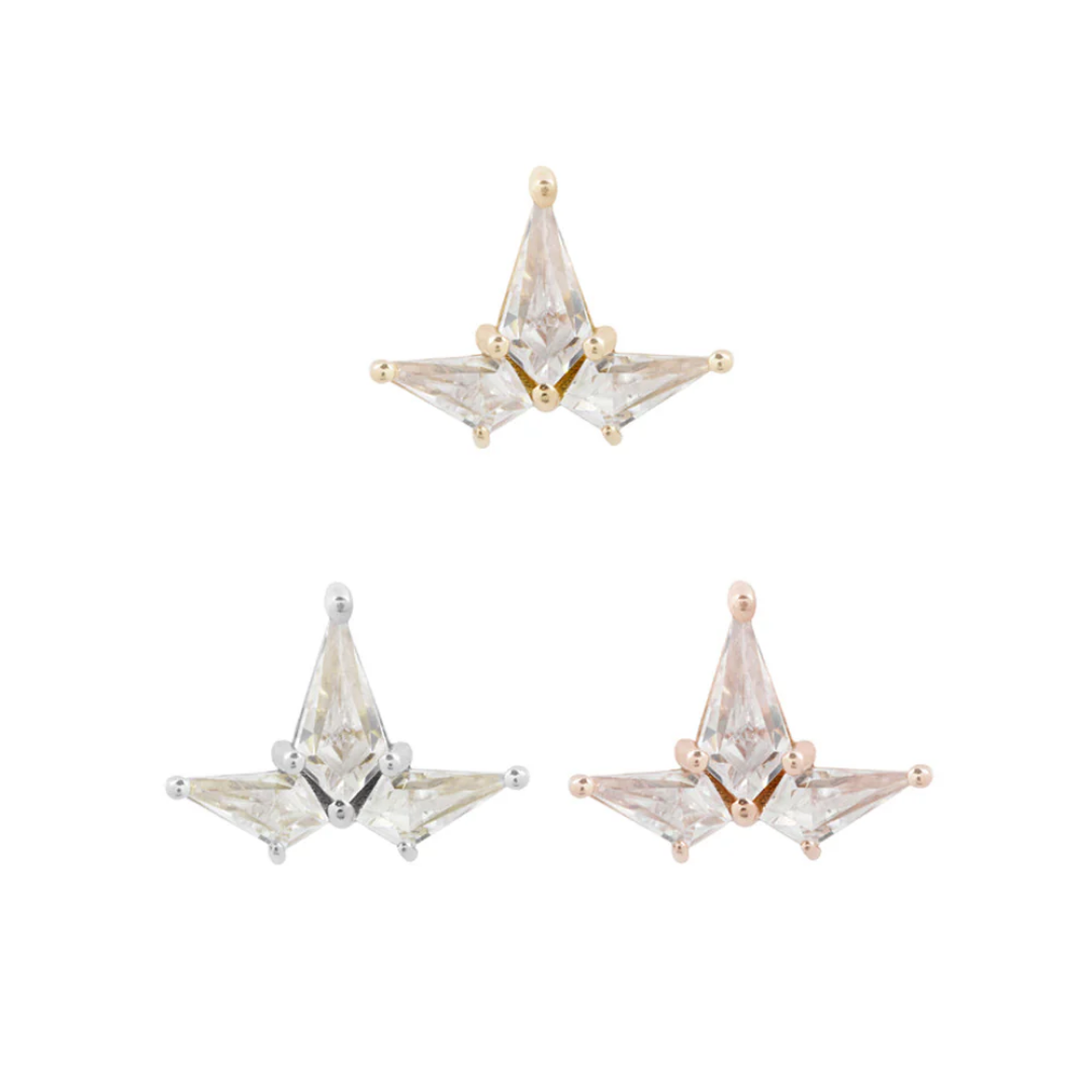 Gold threadless end featuring three clear CZ stones in a dynamic triangular winged design, ideal for elegant yet edgy ear styling