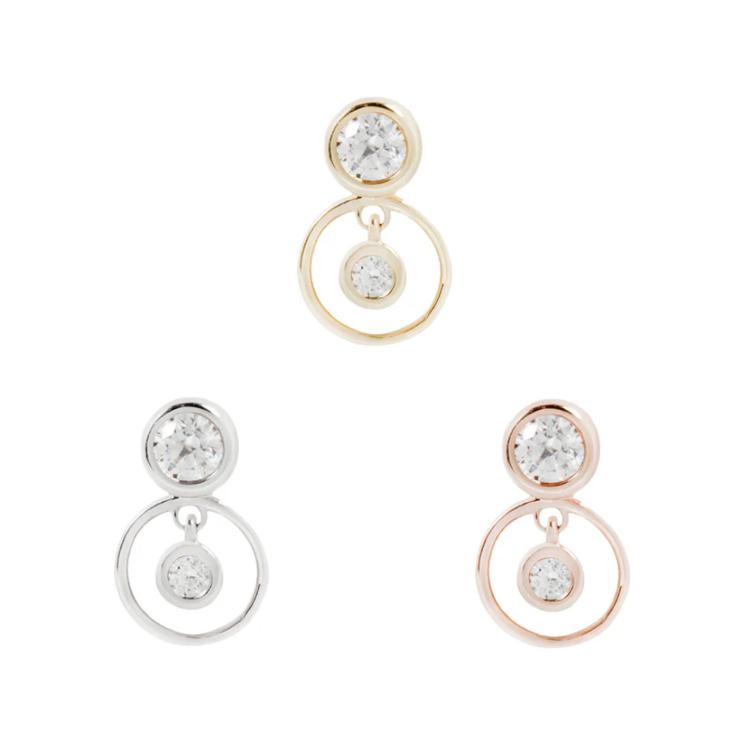 Gold Warhol threadless end with bezel-set CZ and open circle drop, a minimalist statement piece for cartilage or lobe piercings