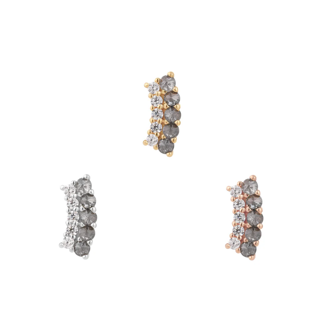 Gold Whisper + Shout threadless end featuring a striking row of grey diamonds with offset white CZ accents, perfect for a unique lobe or helix piercing
