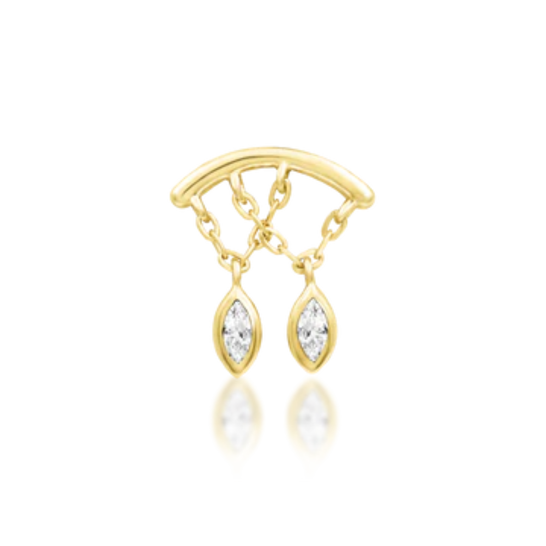 Very shiny 14k gold body jewellery featuring an arched top bar, two chain drops, and marquise-cut clear cubic zirconia dangles. A graceful and radiant design for lobe, flat, or helix piercings.