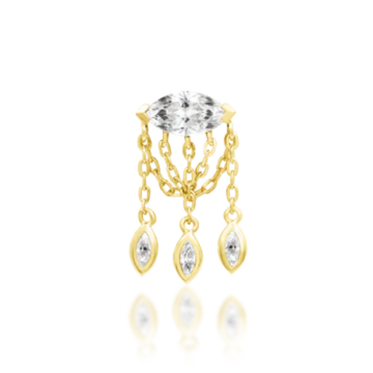 Very shiny 14k gold body jewellery featuring a marquise-cut clear cubic zirconia with triple gold chain dangles, each adorned with a matching marquise-cut CZ charm. A glamorous choice for helix, flat, or lobe piercings