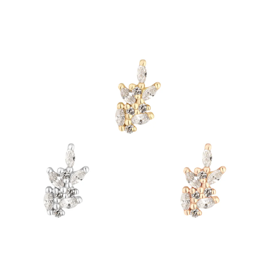 Gold Wildflower threadless end adorned with sparkling cubic zirconia in a delicate floral cluster, perfect for helix, flat, or lobe piercings