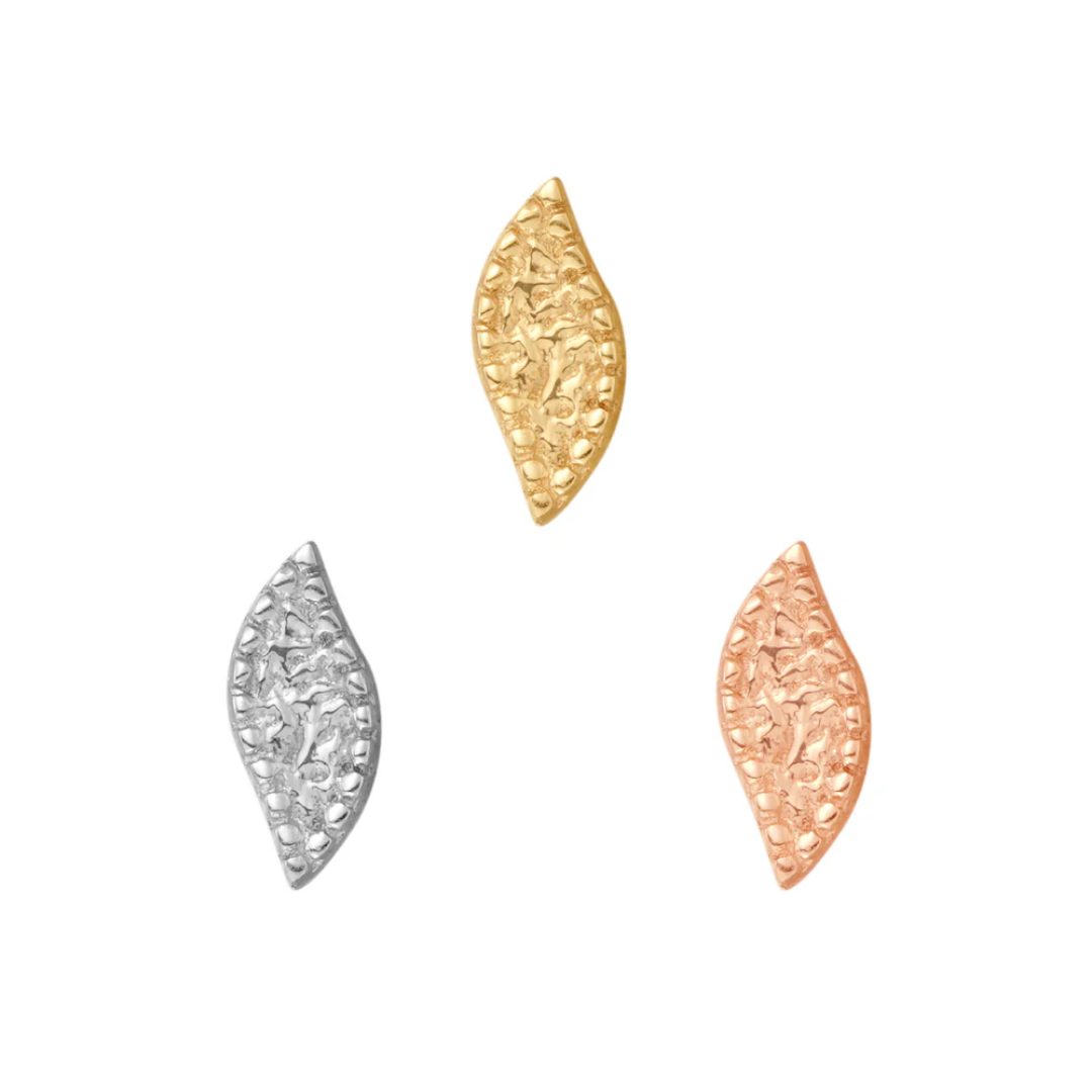 Gold Wisp threadless end with a soft curved silhouette and textured surface, ideal for flat, helix, or conch piercings