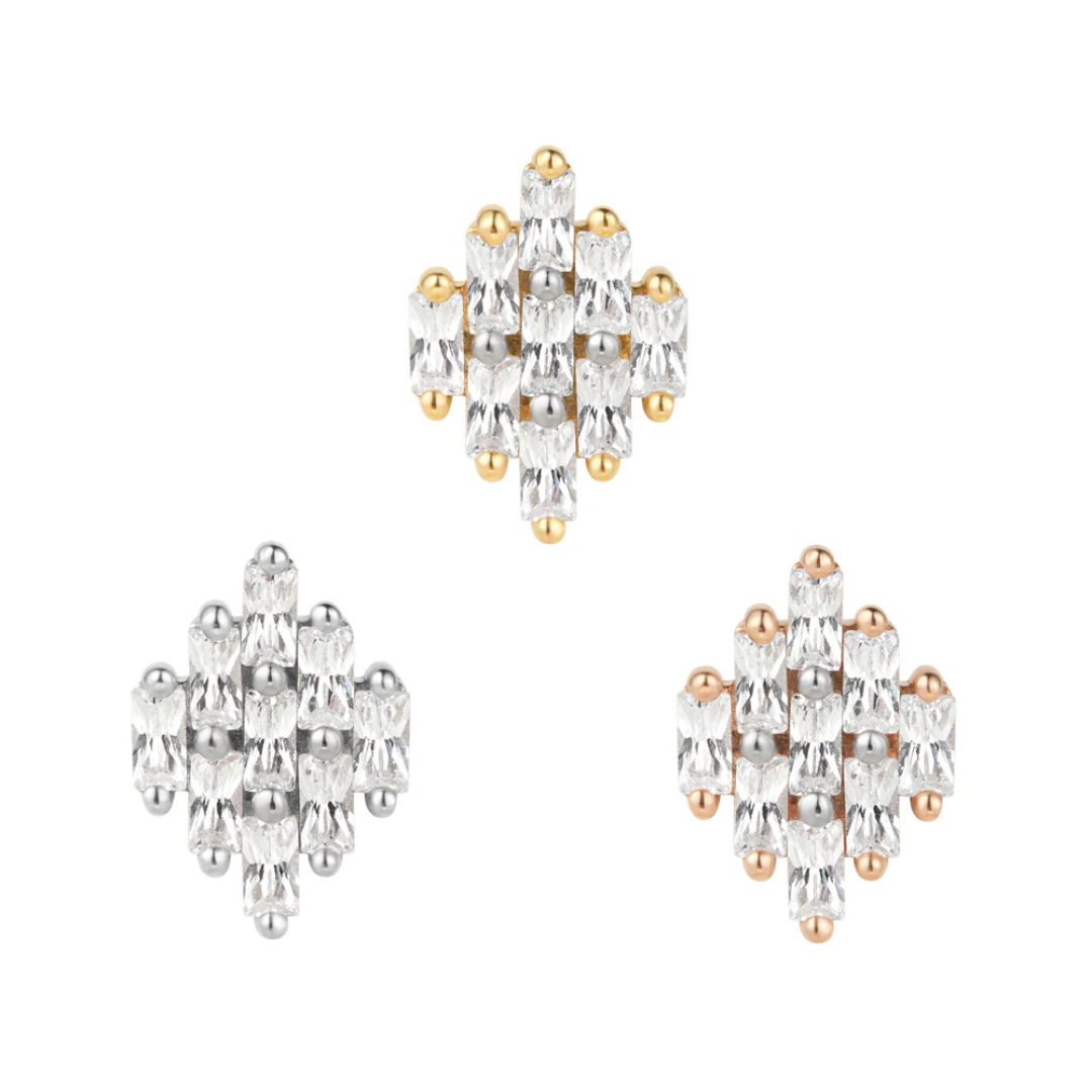Gold Wonder threadless end with baguette-cut cubic zirconia arranged in a geometric diamond pattern for bold cartilage styling