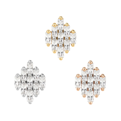 Gold Wonder threadless end with baguette-cut cubic zirconia arranged in a geometric diamond pattern for bold cartilage styling