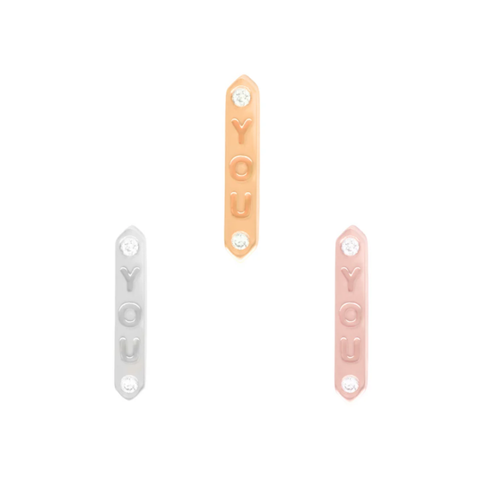 YOU_ diamond threadless end in gold, rose gold, and white gold, featuring engraved lettering and diamonds for a bold piercing statement