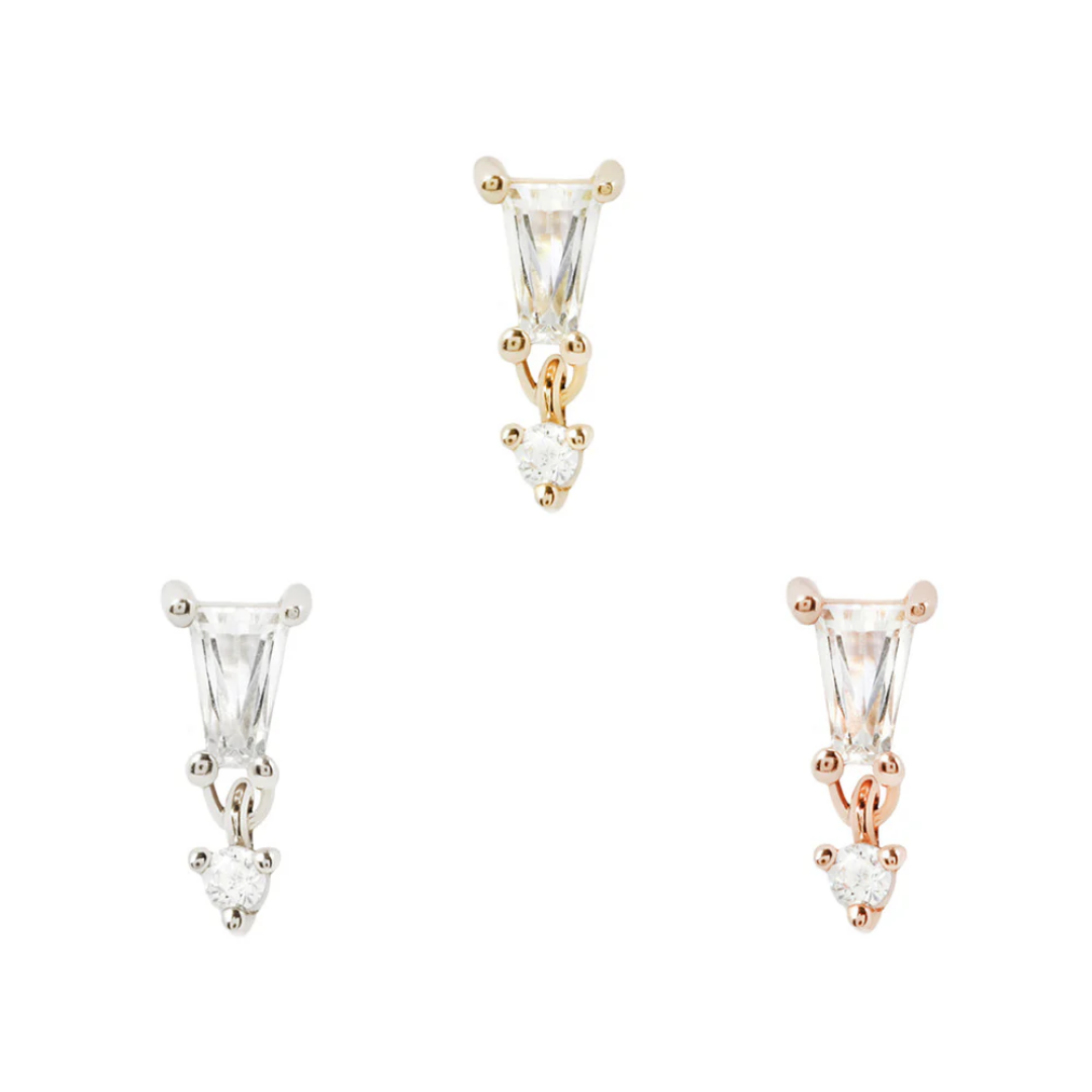 Yves threadless end in yellow, white, and rose gold with CZ baguette and dangle stone for a sparkling, elegant piercing accent