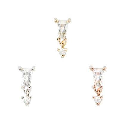 Yves threadless end in yellow, white, and rose gold with CZ baguette and dangle stone for a sparkling, elegant piercing accent