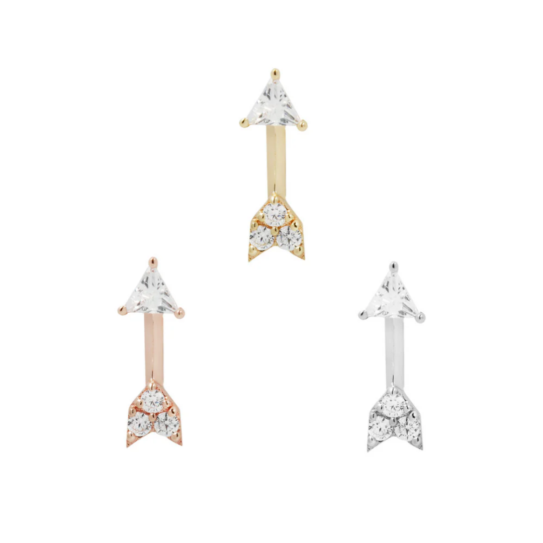 Zandra threadless end in yellow, white, and rose gold featuring a geometric CZ triangle with a pointed arrow-like design.