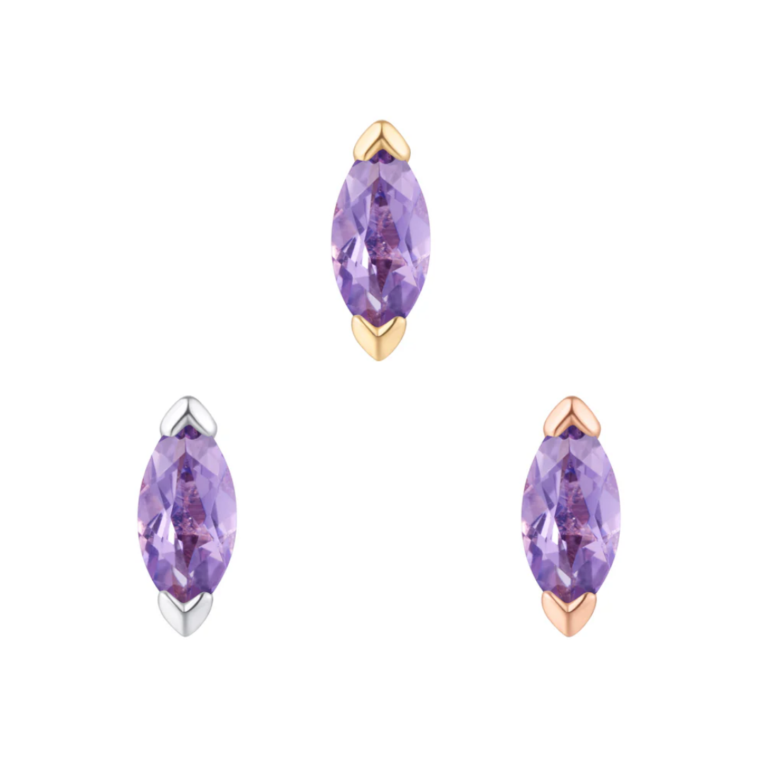 Zuri threadless end in yellow, white, and rose gold featuring a marquise-cut amethyst with heart-shaped prongs