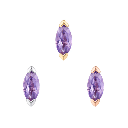 Zuri threadless end in yellow, white, and rose gold featuring a marquise-cut amethyst with heart-shaped prongs