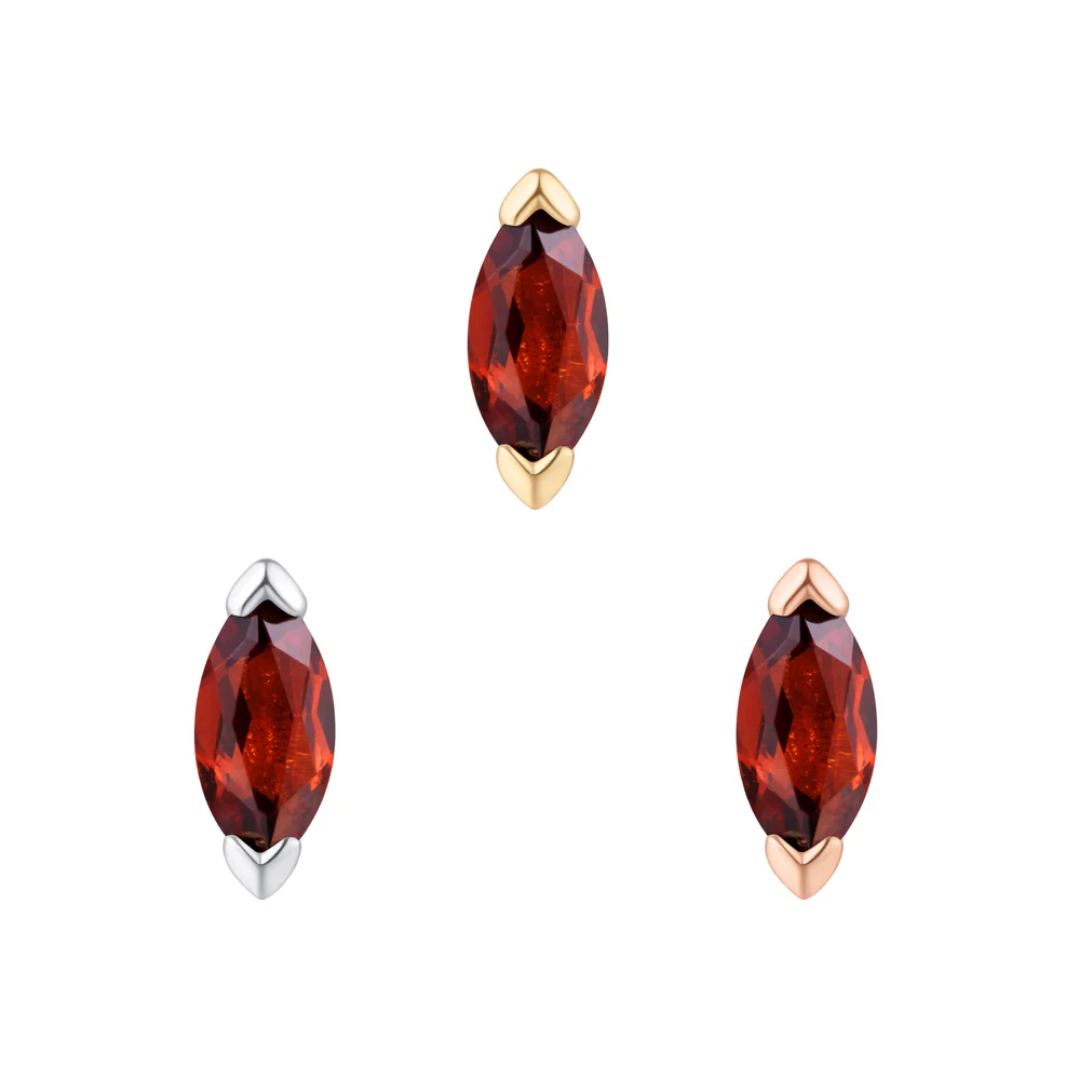 Zuri threadless end with marquise-cut garnet gemstone in yellow, white, and rose gold settings