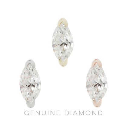 Zuri threadless end with marquise-cut genuine diamond in yellow, white, and rose gold settings.